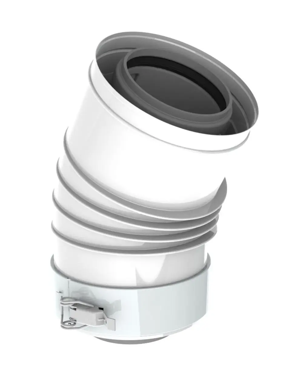 Weißer Bogen mit elastischer Oberfläche und einer Klemmvorrichtung, gehört zur Produktlinie von Remeha. Ideal für flexible Verbindungen in Rohrsystemen.